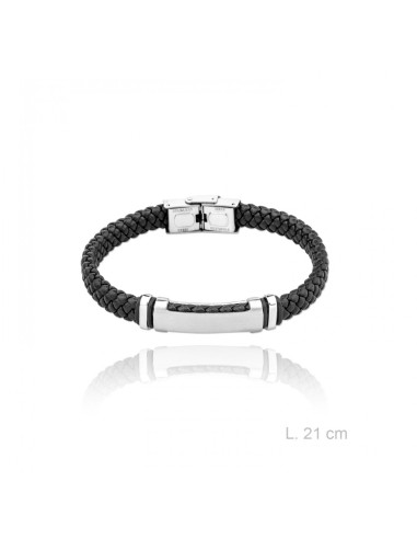 Pulsera Acero Cuero Trenzado Negra Placa